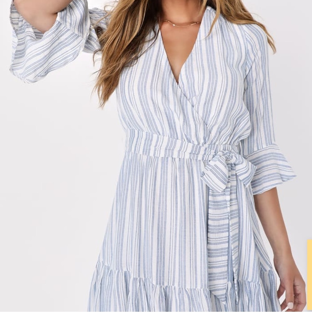 NWOT Romance on the Riviera Blue Striped Bell Sleeve Mini Dress